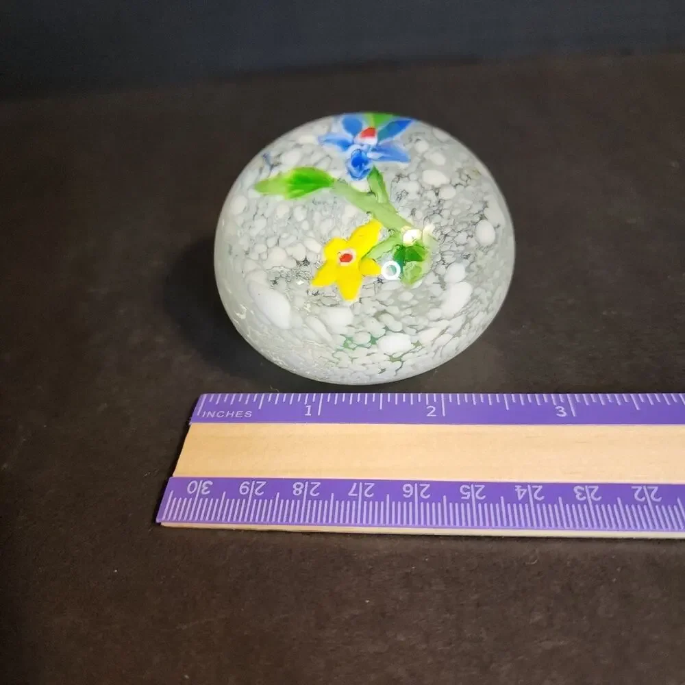 Vtg Art Glass Yellow Blue Flowers Snow Globe 2.5